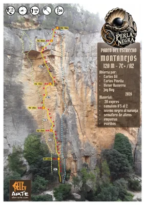 Croquis de escalada de la vía La Perla Negra, 120 metros y dificultad 7c+/A2, en la Pared del Estrecho de Montanejos.