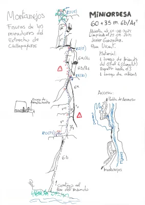 Croquis de la vía MiniOrdesa, escalada en fisura de 60 m, en las Fisuras de los Miradores, Montanejos.